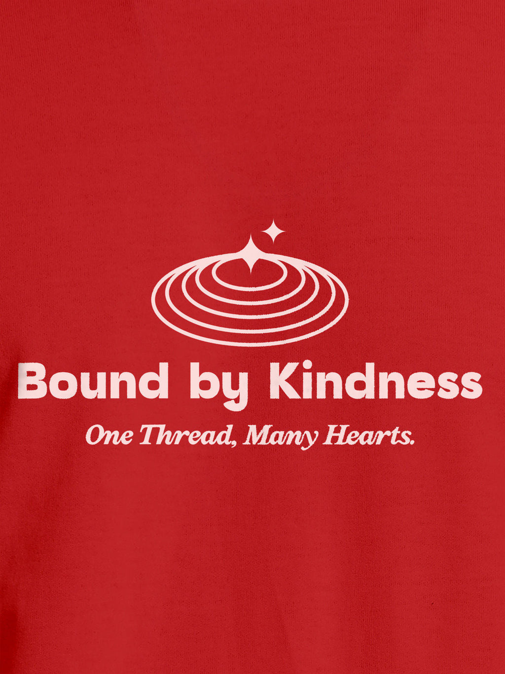 Close up of 'Bound By Kindness' design on Women's Red Round Neck T-shirt, highlighting intricate details and vibrant print.