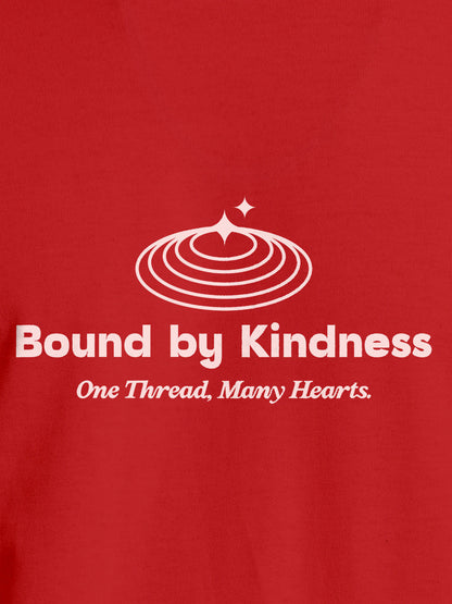 Close up of 'Bound By Kindness' design on Women's Red Round Neck T-shirt, highlighting intricate details and vibrant print.