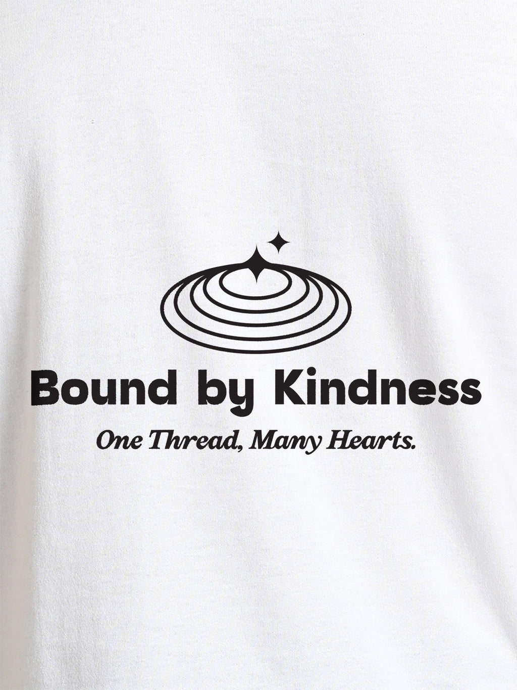 Close up of 'Bound By Kindness' design on Men's White Round Neck T-shirt, highlighting intricate details and vibrant print.