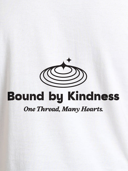 Close up of 'Bound By Kindness' design on Men's White Round Neck T-shirt, highlighting intricate details and vibrant print.