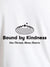 Close up of 'Bound By Kindness' design on Men's White Round Neck T-shirt, highlighting intricate details and vibrant print.