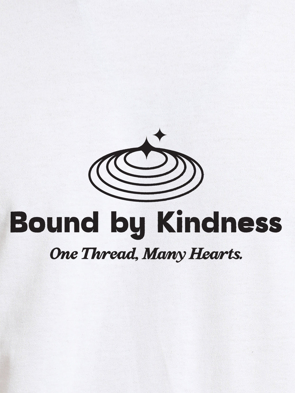 Close up of 'Bound By Kindness' design on Women's White Round Neck T-shirt, highlighting intricate details and vibrant print.