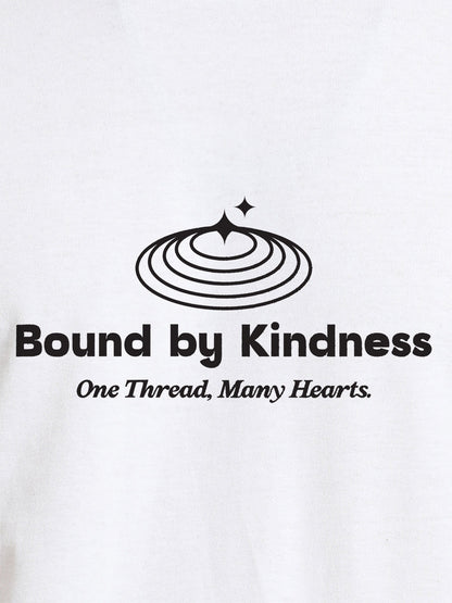 Close up of 'Bound By Kindness' design on Women's White Round Neck T-shirt, highlighting intricate details and vibrant print.