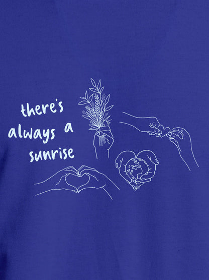 Close up of 'There's Always a Sunrise' design on Men's Blue Round Neck T-shirt, highlighting intricate details and vibrant print.