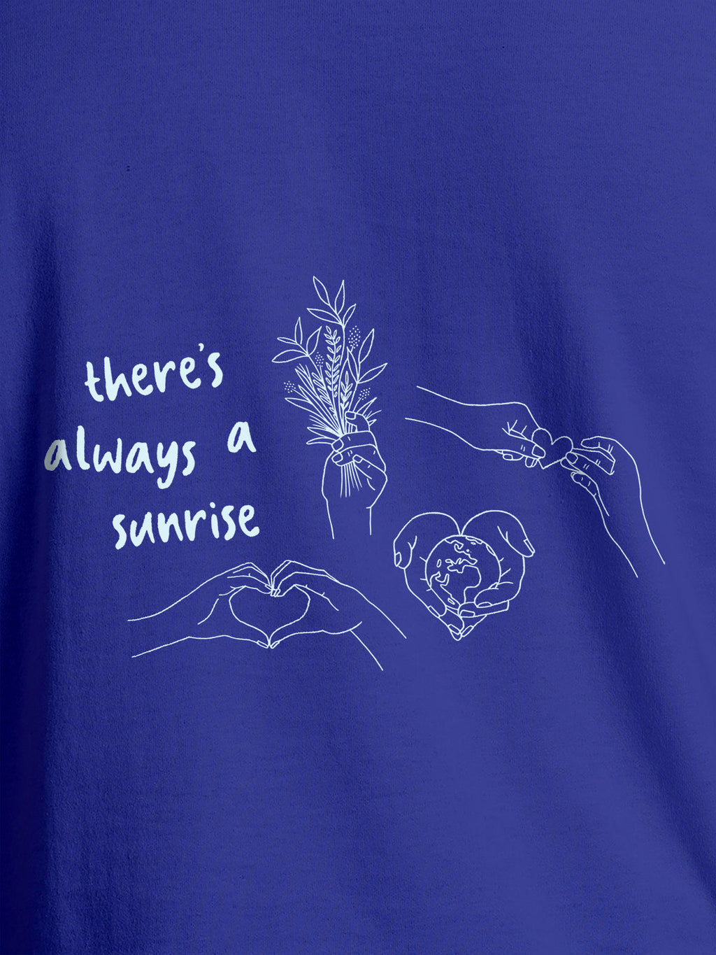 Close up of 'There's Always a Sunrise' design on Women's Blue Round Neck T-shirt, highlighting intricate details and vibrant print.