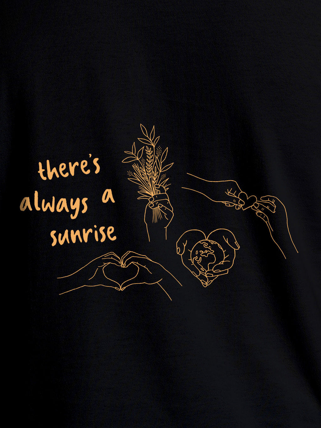 Close up of 'There's Always a Sunrise' design on Women's Black Round Neck T-shirt, highlighting intricate details and vibrant print.