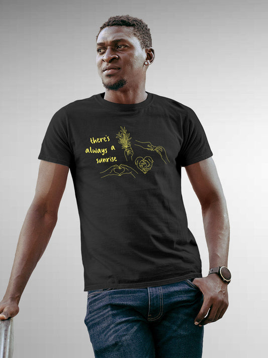 Model wearing Men's Dark Grey Round Neck T-shirt with 'There's Always a Sunrise' design, offering effortless style and premium comfort