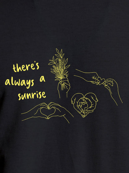 Close up of 'There's Always a Sunrise' design on Men's Dark Grey Round Neck T-shirt, highlighting intricate details and vibrant print.