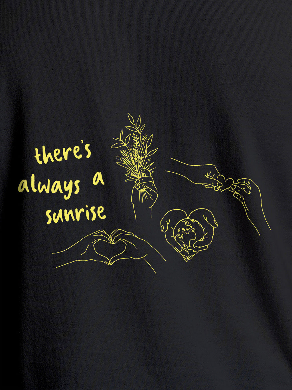 Close up of 'There's Always a Sunrise' design on Women's Dark Grey Round Neck T-shirt, highlighting intricate details and vibrant print.