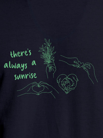 Close up of 'There's Always a Sunrise' design on Men's Navy Blue Round Neck T-shirt, highlighting intricate details and vibrant print.