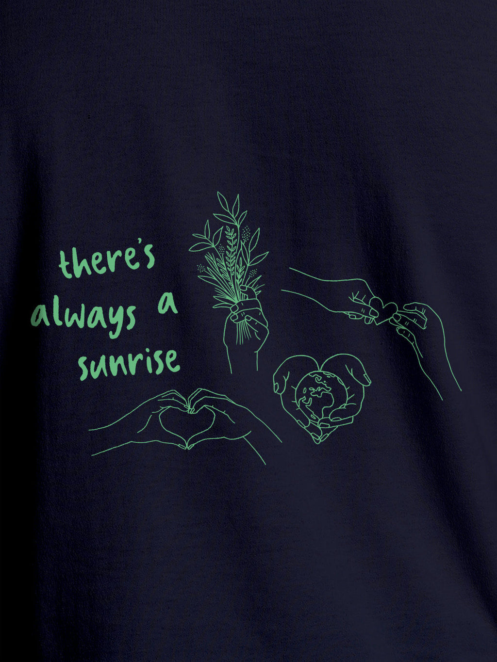 Close up of 'There's Always a Sunrise' design on Women's Navy Blue Round Neck T-shirt, highlighting intricate details and vibrant print.