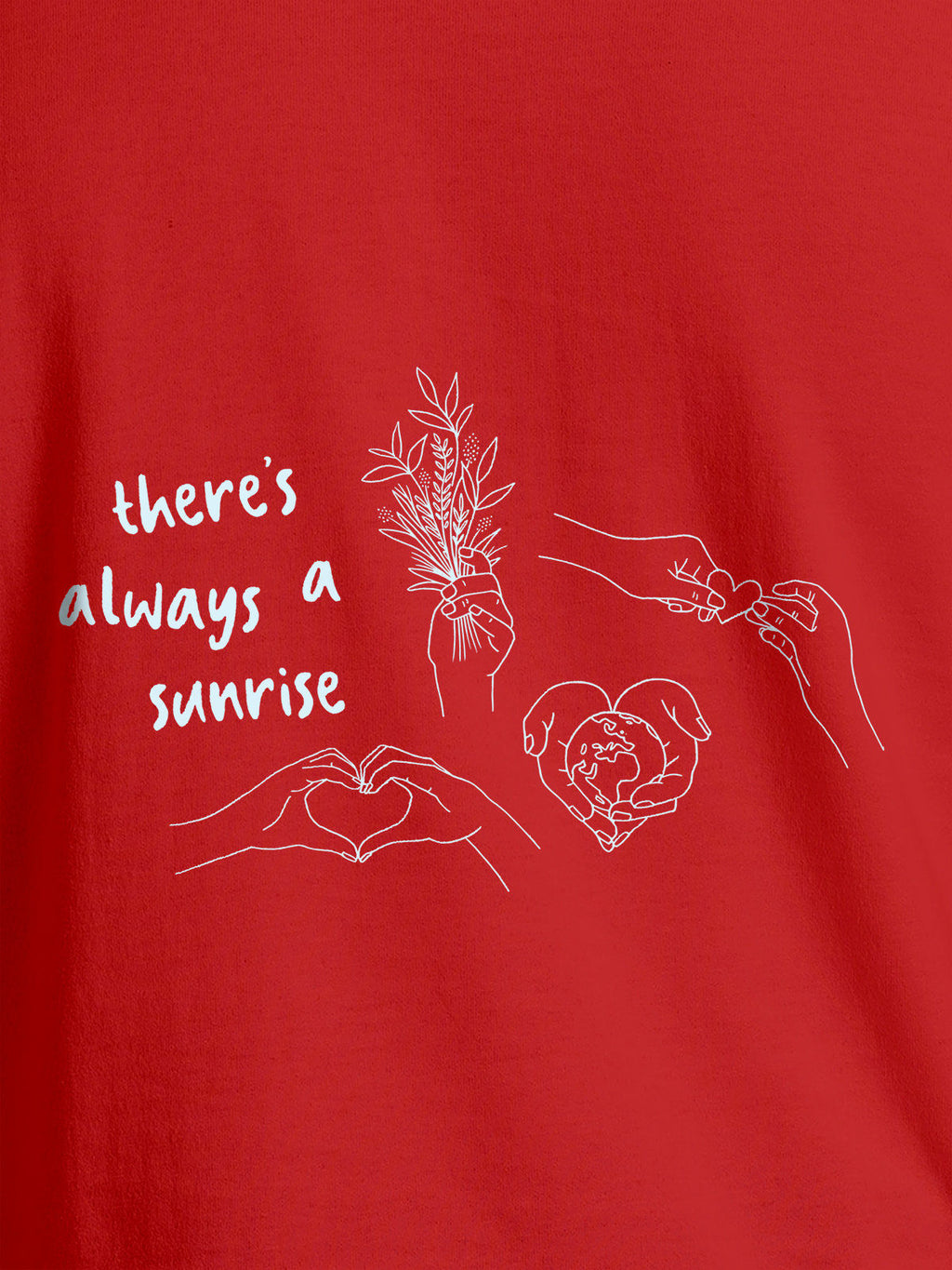 Close up of 'There's Always a Sunrise' design on Women's Red Round Neck T-shirt, highlighting intricate details and vibrant print.