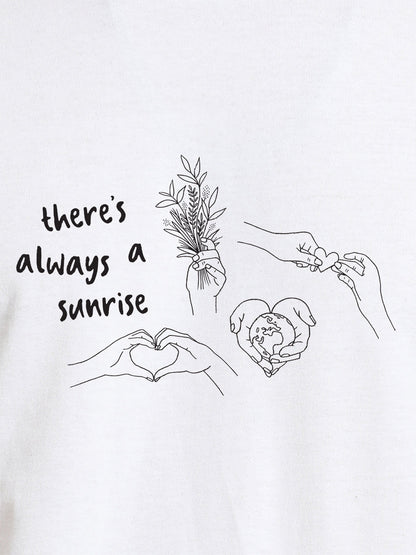 Close up of 'There's Always a Sunrise' design on Men's White Round Neck T-shirt, highlighting intricate details and vibrant print.