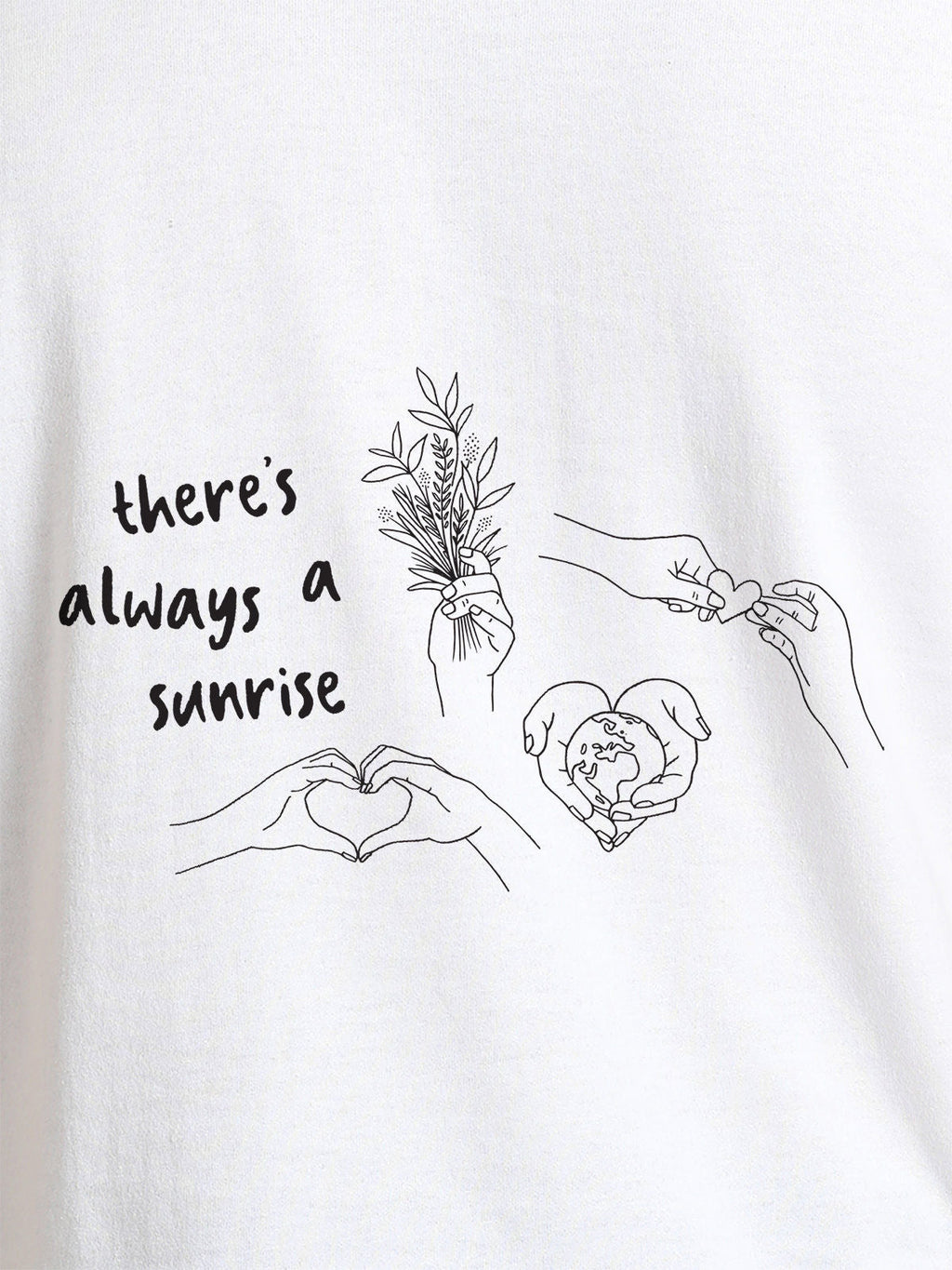 Close up of 'There's Always a Sunrise' design on Women's White Round Neck T-shirt, highlighting intricate details and vibrant print.