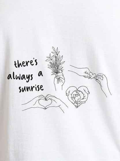 Close up of 'There's Always a Sunrise' design on Women's White Round Neck T-shirt, highlighting intricate details and vibrant print.