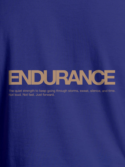 Close up of 'Endurance' design on Men's Blue Round Neck T-shirt, highlighting intricate details and vibrant print.