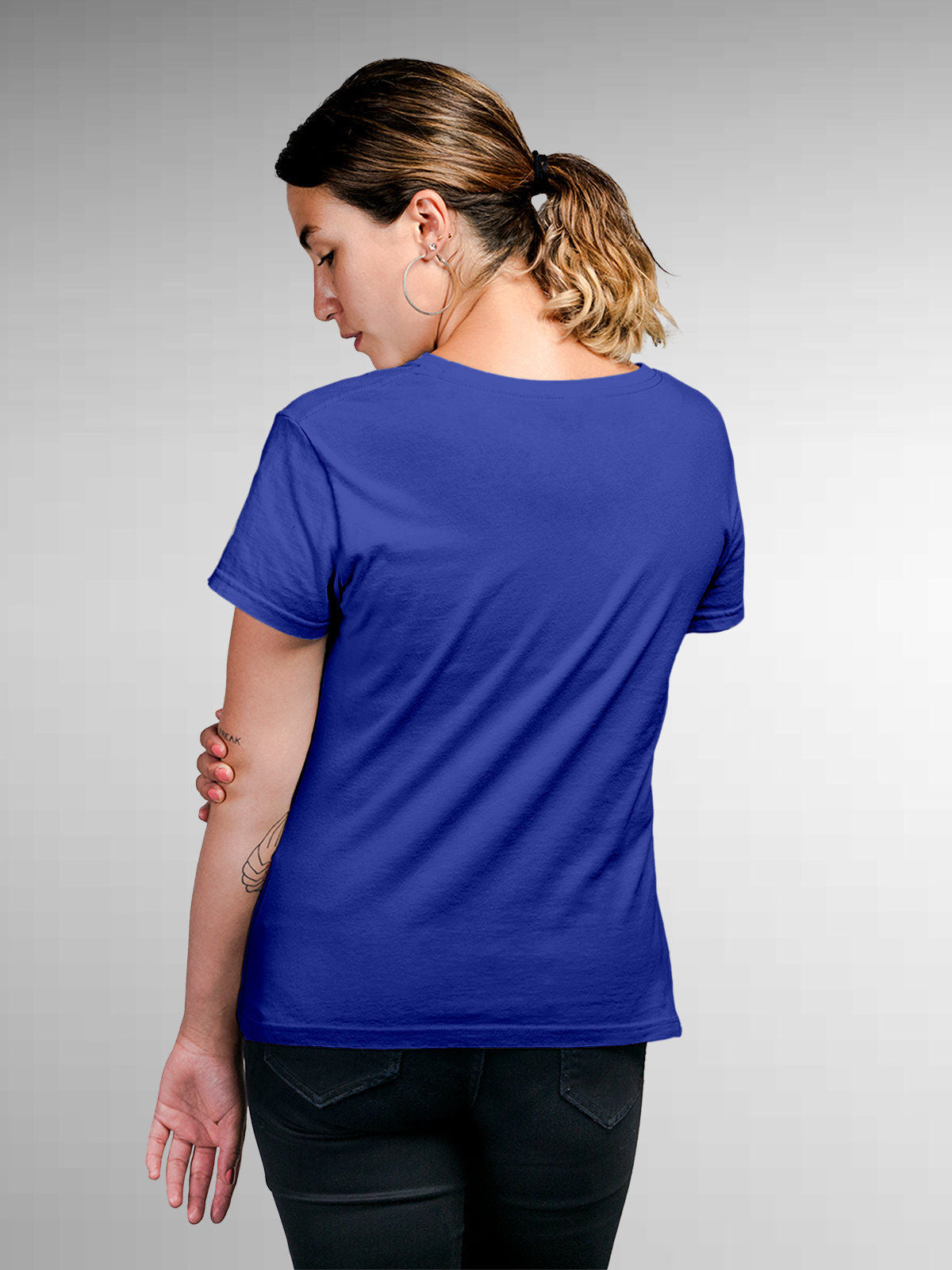 Back view of Fighterhero Women's Blue Round Neck T-shirt, highlighting the modern look and clean finish
