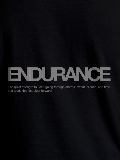 Close up of 'Endurance' design on Men's Black Round Neck T-shirt, highlighting intricate details and vibrant print.