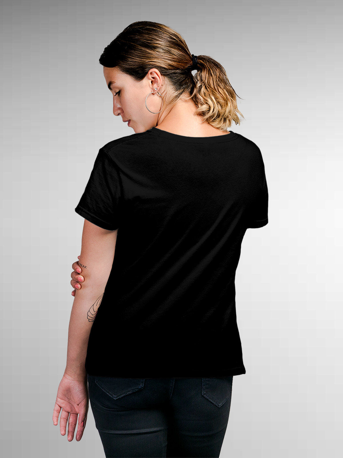 Back view of Fighterhero Women's Black Round Neck T-shirt, highlighting the modern look and clean finish