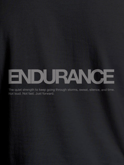 Close up of 'Endurance' design on Men's Dark Grey Round Neck T-shirt, highlighting intricate details and vibrant print.