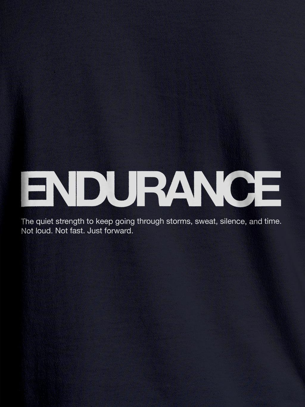 Close up of 'Endurance' design on Men's Navy Blue Round Neck T-shirt, highlighting intricate details and vibrant print.