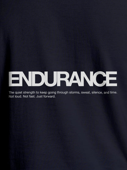 Close up of 'Endurance' design on Men's Navy Blue Round Neck T-shirt, highlighting intricate details and vibrant print.