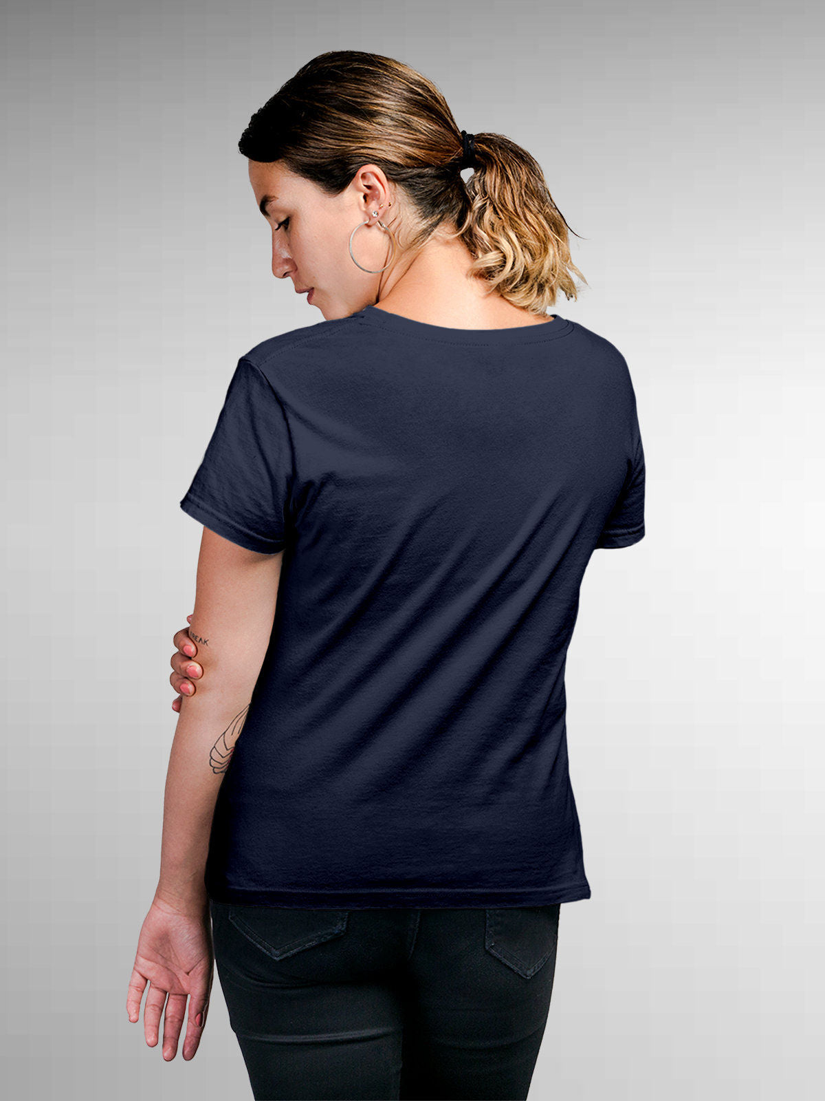 Back view of Fighterhero Women's Navy Blue Round Neck T-shirt, highlighting the modern look and clean finish