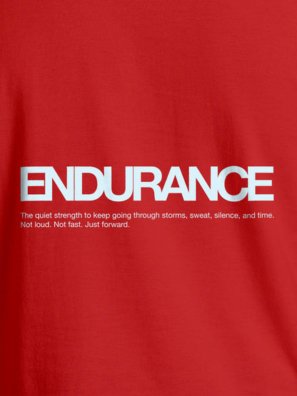 Close up of 'Endurance' design on Men's Red Round Neck T-shirt, highlighting intricate details and vibrant print.