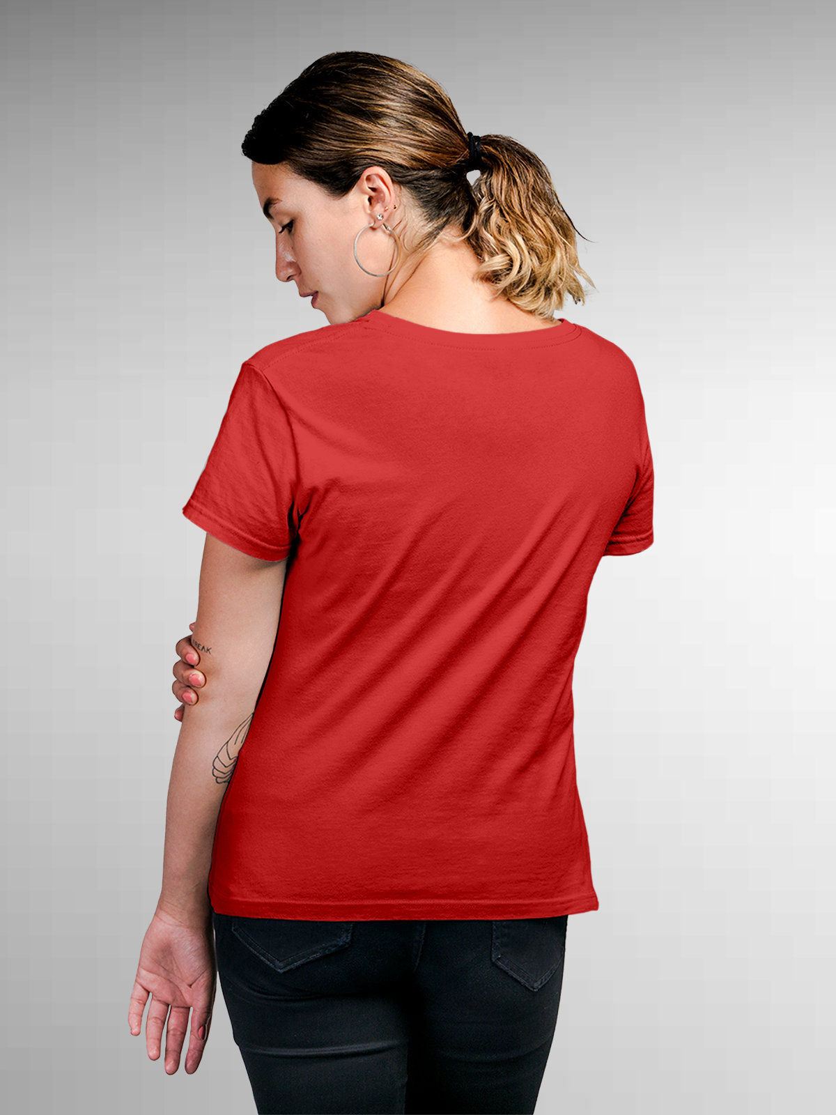 Back view of Fighterhero Women's Red Round Neck T-shirt, highlighting the modern look and clean finish