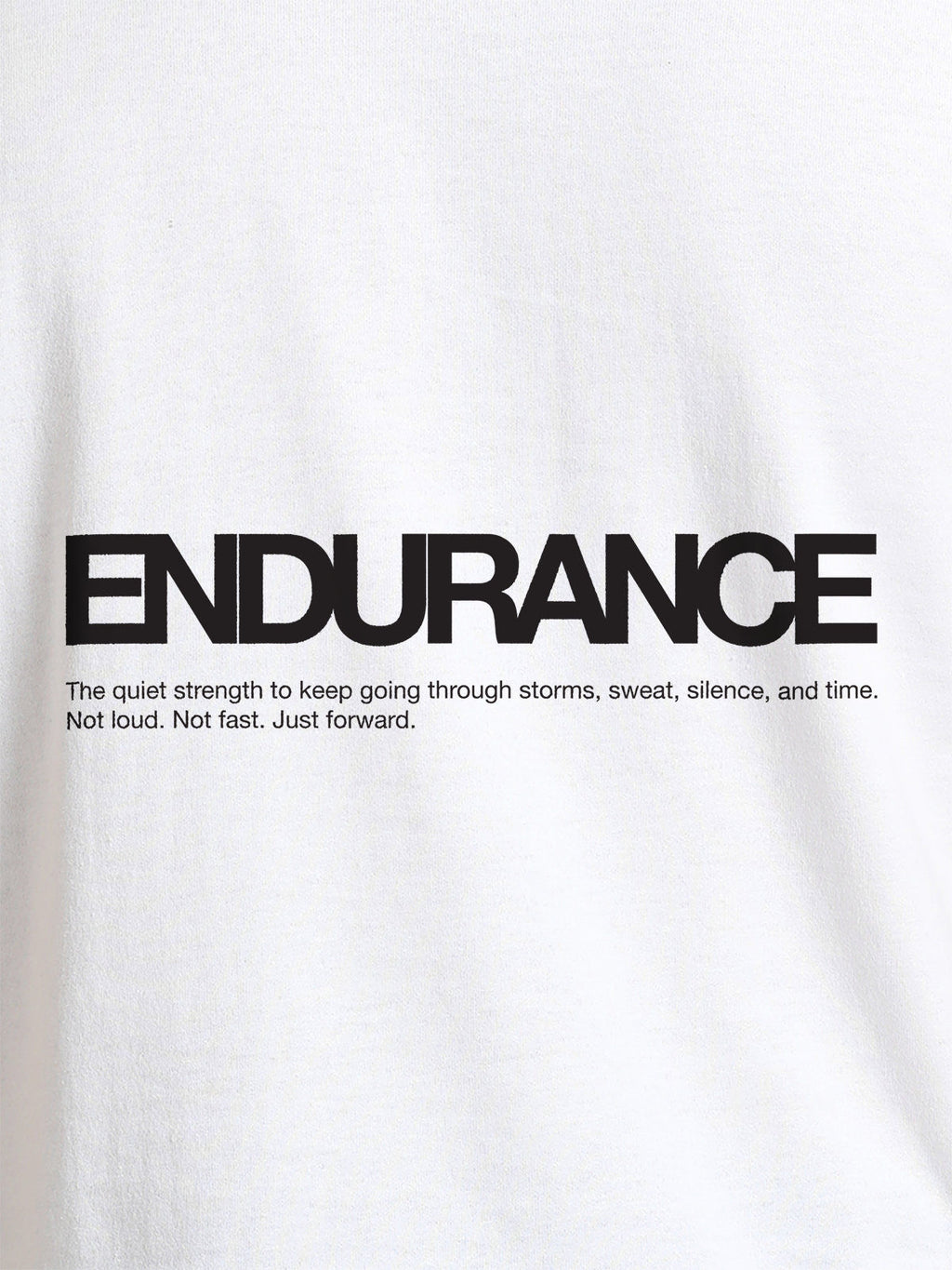 Close up of 'Endurance' design on Men's White Round Neck T-shirt, highlighting intricate details and vibrant print.