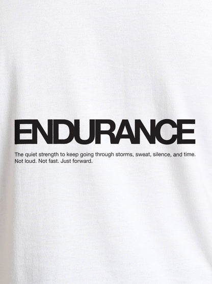 Close up of 'Endurance' design on Men's White Round Neck T-shirt, highlighting intricate details and vibrant print.