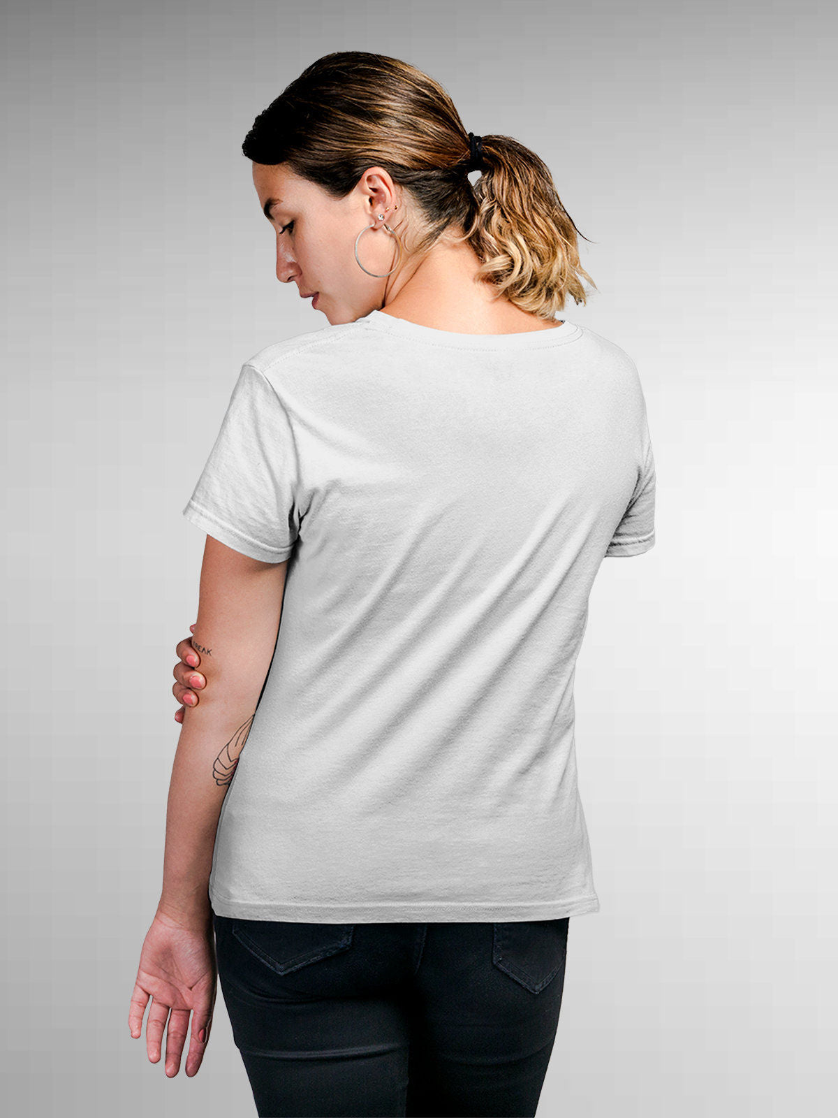 Back view of Fighterhero Women's White Round Neck T-shirt, highlighting the modern look and clean finish
