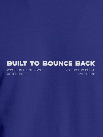 Close up of 'Built To Bounce Back' design on Men's Blue Round Neck T-shirt, highlighting intricate details and vibrant print.