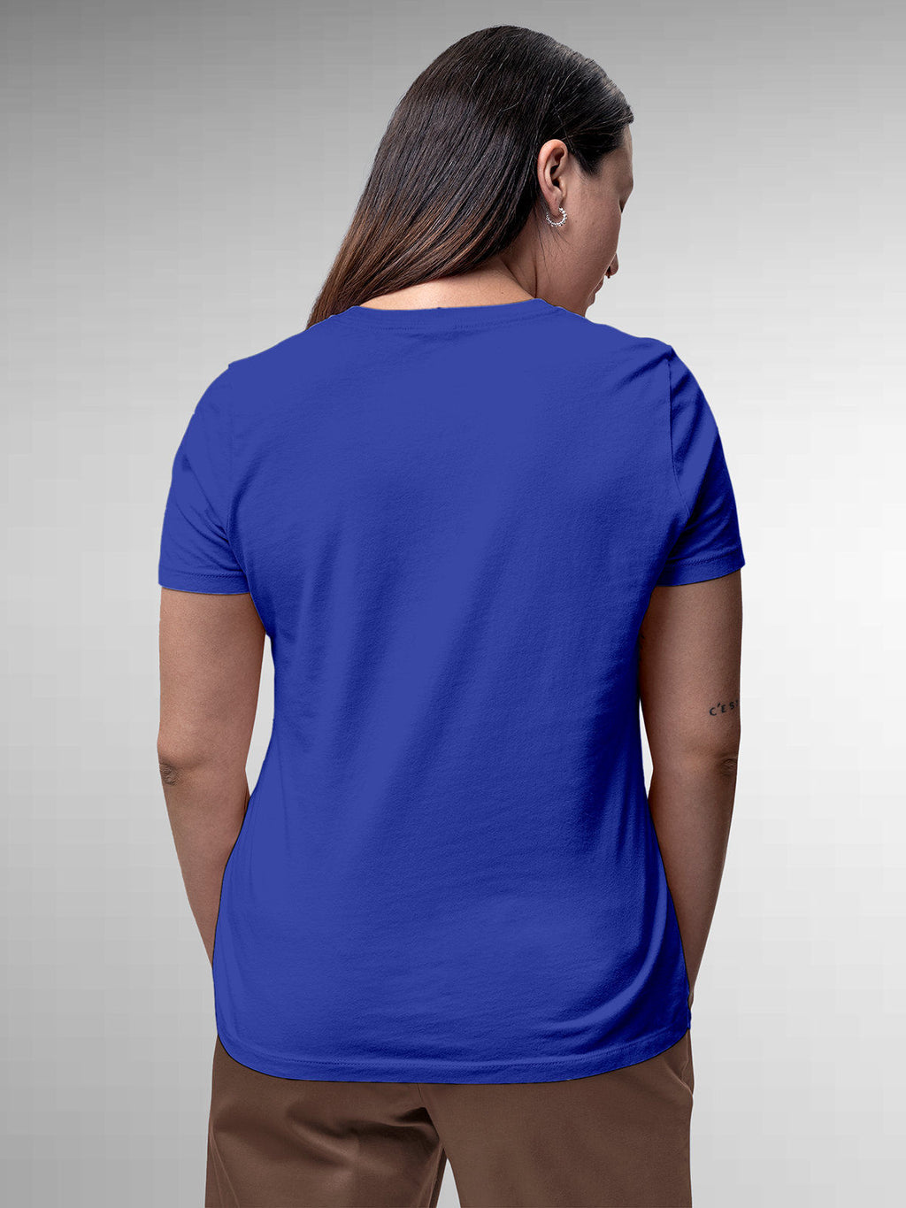 Back view of Fighterhero Women's Blue Round Neck T-shirt, highlighting the modern look and clean finish