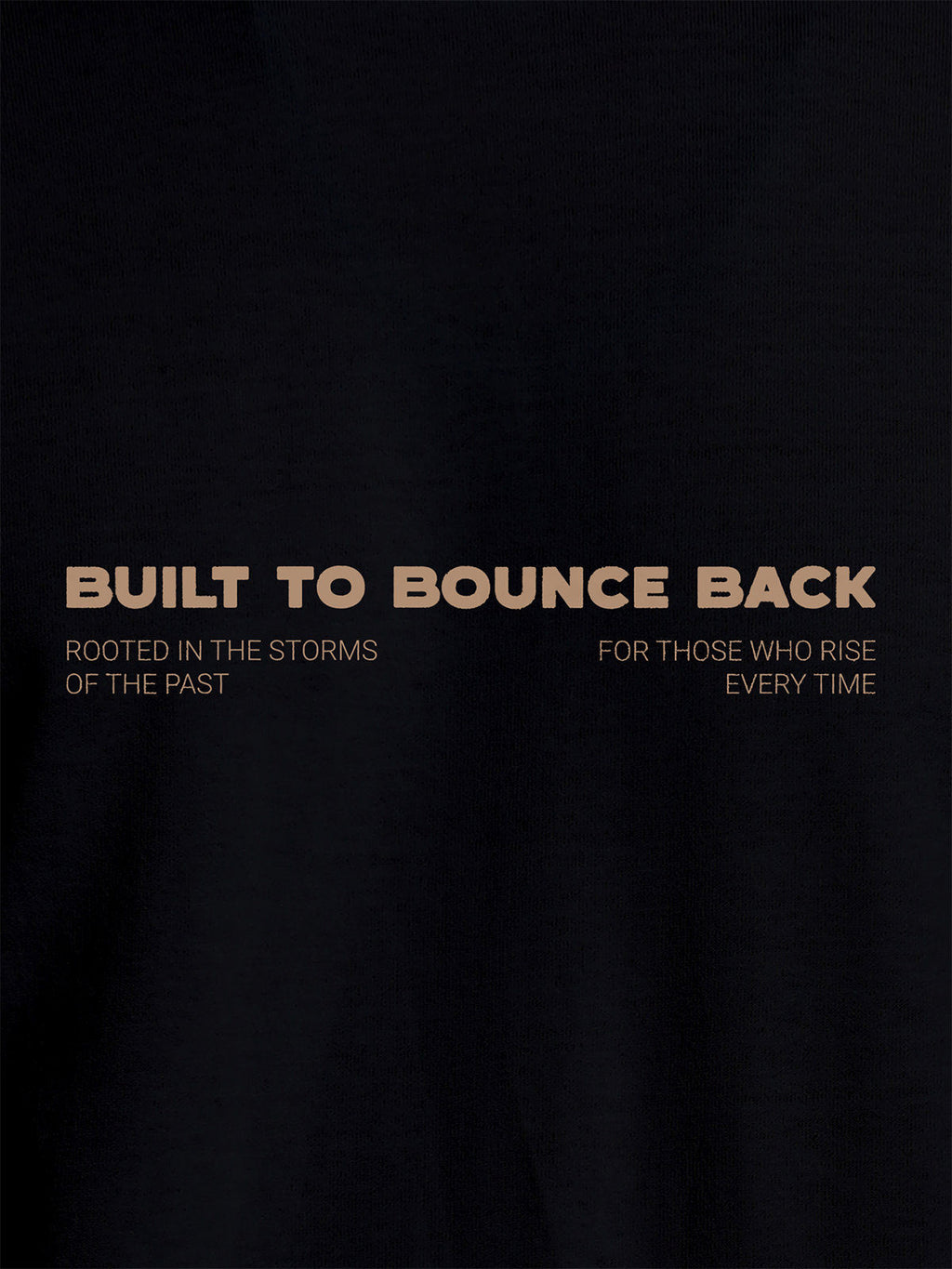 Close up of 'Built To Bounce Back' design on Men's Black Round Neck T-shirt, highlighting intricate details and vibrant print.