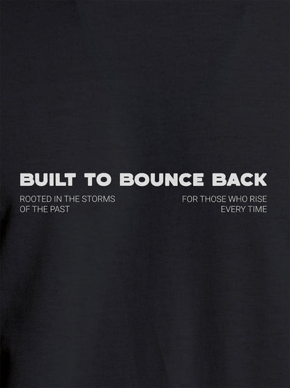 Close up of 'Built To Bounce Back' design on Men's Dark Grey Round Neck T-shirt, highlighting intricate details and vibrant print.