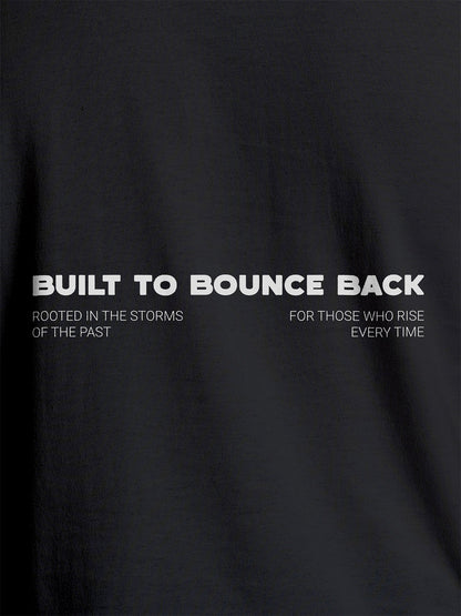Close up of 'Built To Bounce Back' design on Women's Dark Grey Round Neck T-shirt, highlighting intricate details and vibrant print.