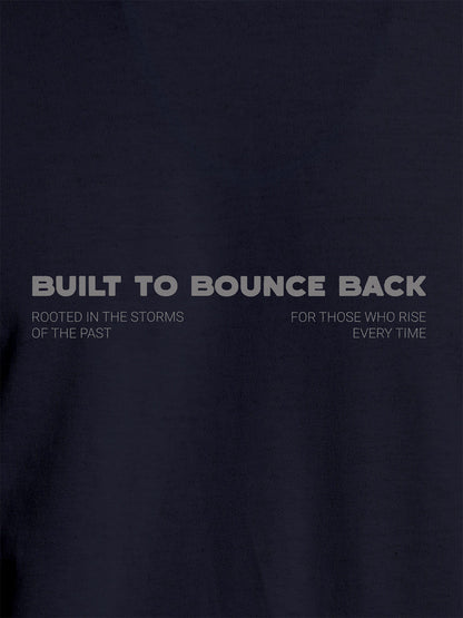 Close up of 'Built To Bounce Back' design on Men's Navy Blue Round Neck T-shirt, highlighting intricate details and vibrant print.