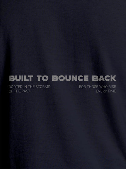 Close up of 'Built To Bounce Back' design on Women's Navy Blue Round Neck T-shirt, highlighting intricate details and vibrant print.