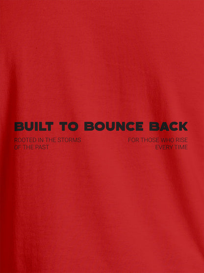 Close up of 'Built To Bounce Back' design on Women's Red Round Neck T-shirt, highlighting intricate details and vibrant print.