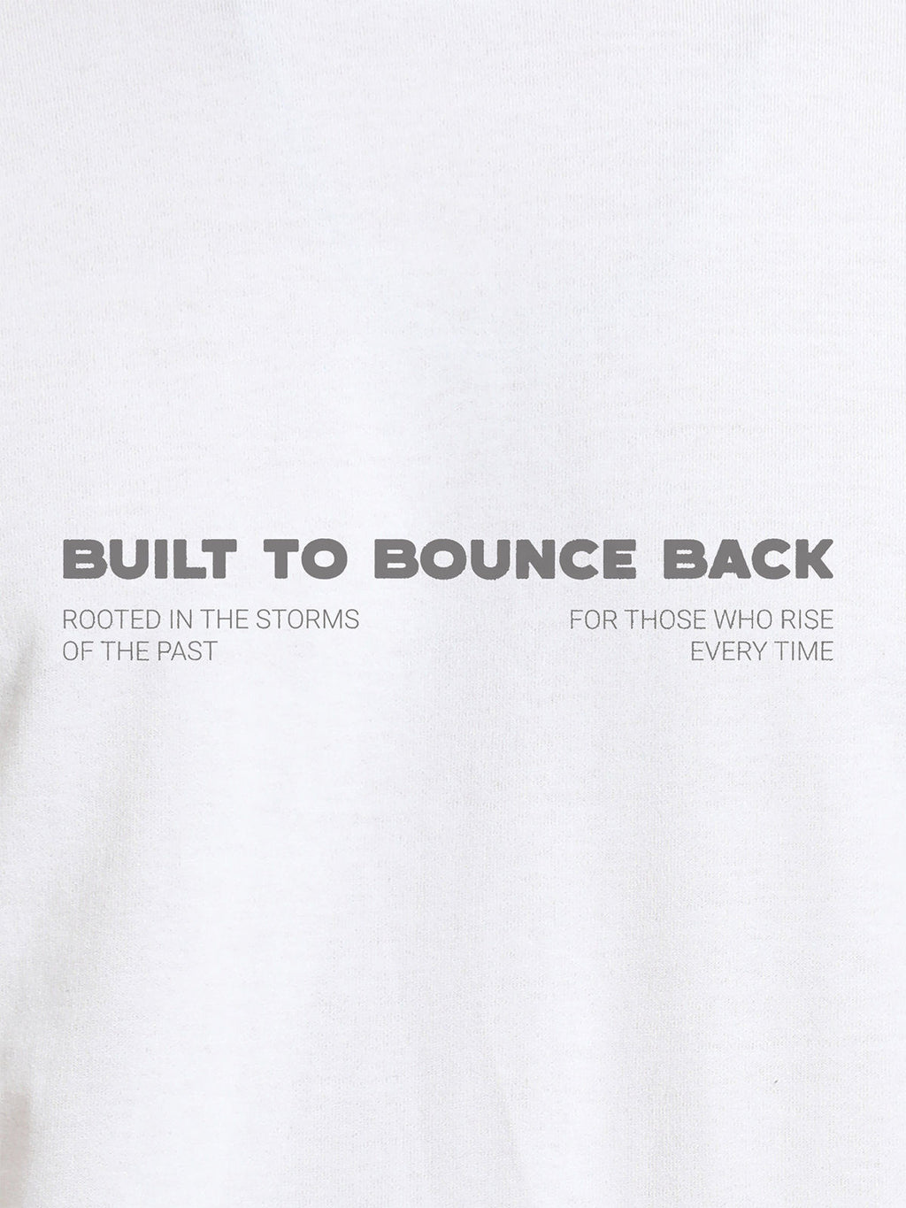 Close up of 'Built To Bounce Back' design on Men's White Round Neck T-shirt, highlighting intricate details and vibrant print.