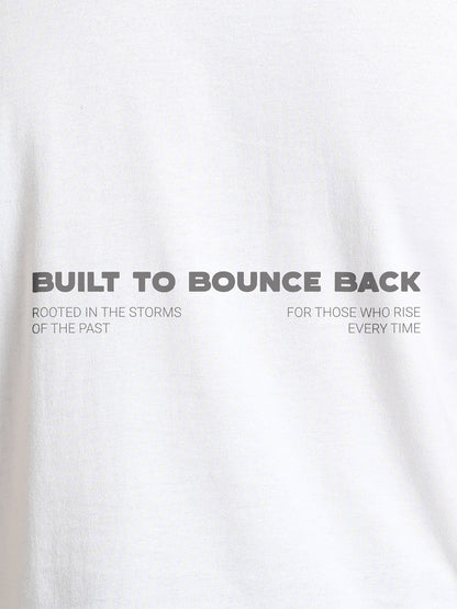 Close up of 'Built To Bounce Back' design on Women's White Round Neck T-shirt, highlighting intricate details and vibrant print.