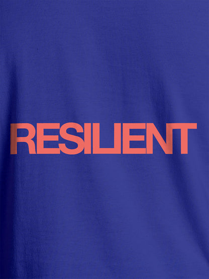 Close up of 'Resilient' design on Men's Blue Round Neck T-shirt, highlighting intricate details and vibrant print.