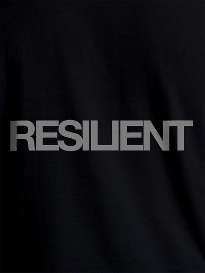 Close up of 'Resilient' design on Men's Black Round Neck T-shirt, highlighting intricate details and vibrant print.