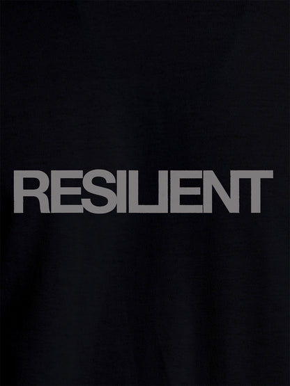 Close up of 'Resilient' design on Women's Black Round Neck T-shirt, highlighting intricate details and vibrant print.