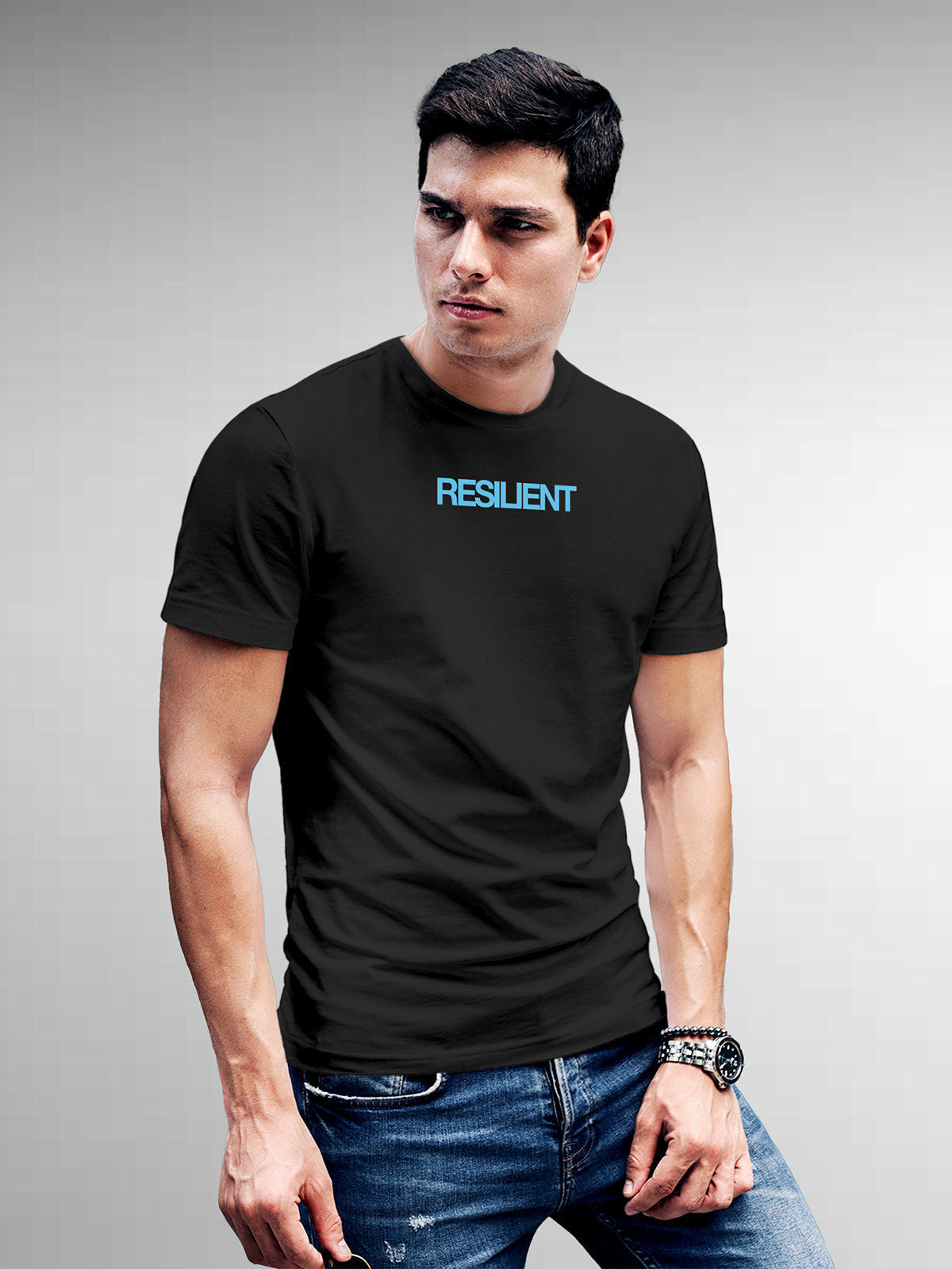 Model wearing Men's Dark Grey Round Neck T-shirt with 'Resilient' design, offering effortless style and premium comfort
