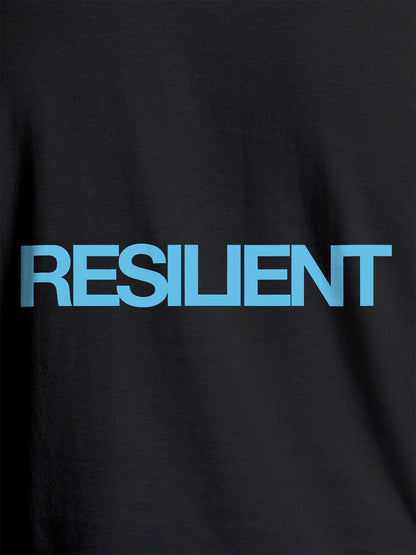 Close up of 'Resilient' design on Men's Dark Grey Round Neck T-shirt, highlighting intricate details and vibrant print.