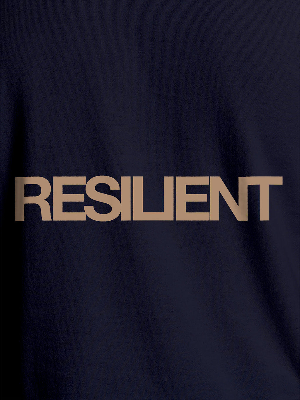 Close up of 'Resilient' design on Men's Navy Blue Round Neck T-shirt, highlighting intricate details and vibrant print.
