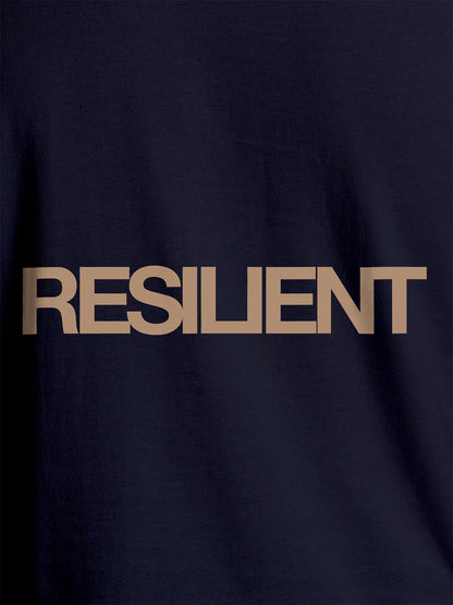 Close up of 'Resilient' design on Men's Navy Blue Round Neck T-shirt, highlighting intricate details and vibrant print.