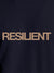 Close up of 'Resilient' design on Women's Navy Blue Round Neck T-shirt, highlighting intricate details and vibrant print.